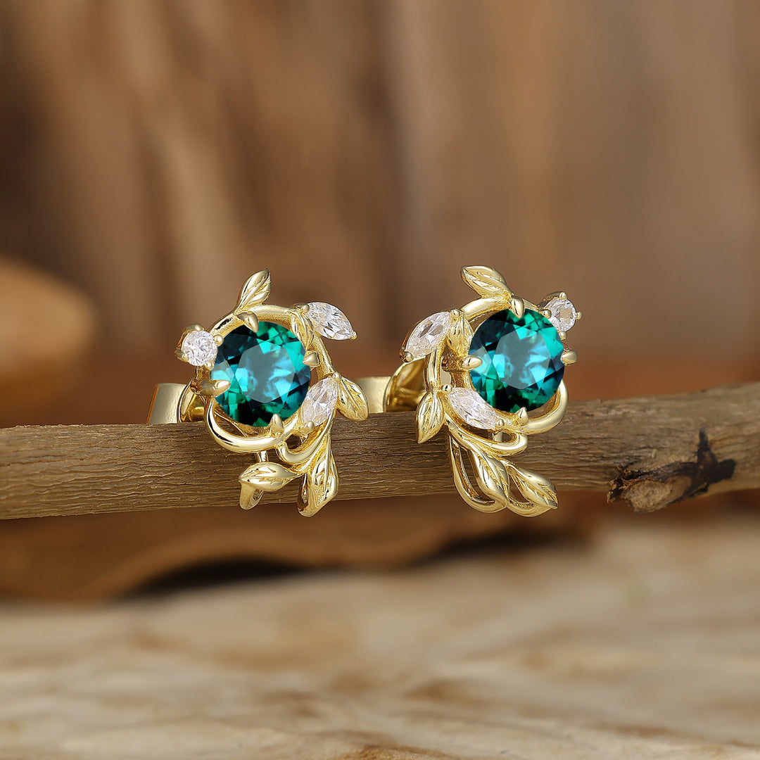 Natural Inspired Round Emerald Stud Earrings Enveloped Leaf Sprig Wedding Earrings For Women -  Esdomera.com