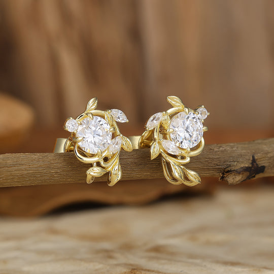 Natural Fern Style Round Moissanite Stud Earrings Elegant Leaf Women Marriage Earrings