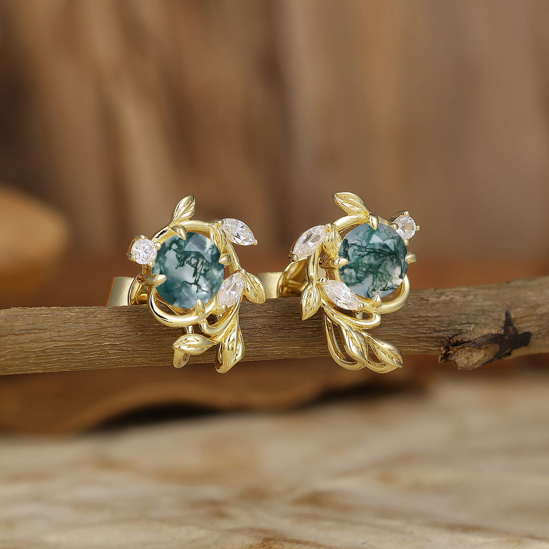 Leaf Inspired Round Moss Agate Stud Earrings Enveloped Sprig Green Marriage Earrings For Women -  Esdomera.com