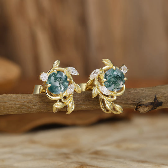 Leaf Inspired Round Moss Agate Stud Earrings Enveloped Sprig Green Marriage Earrings For Women -  Esdomera.com