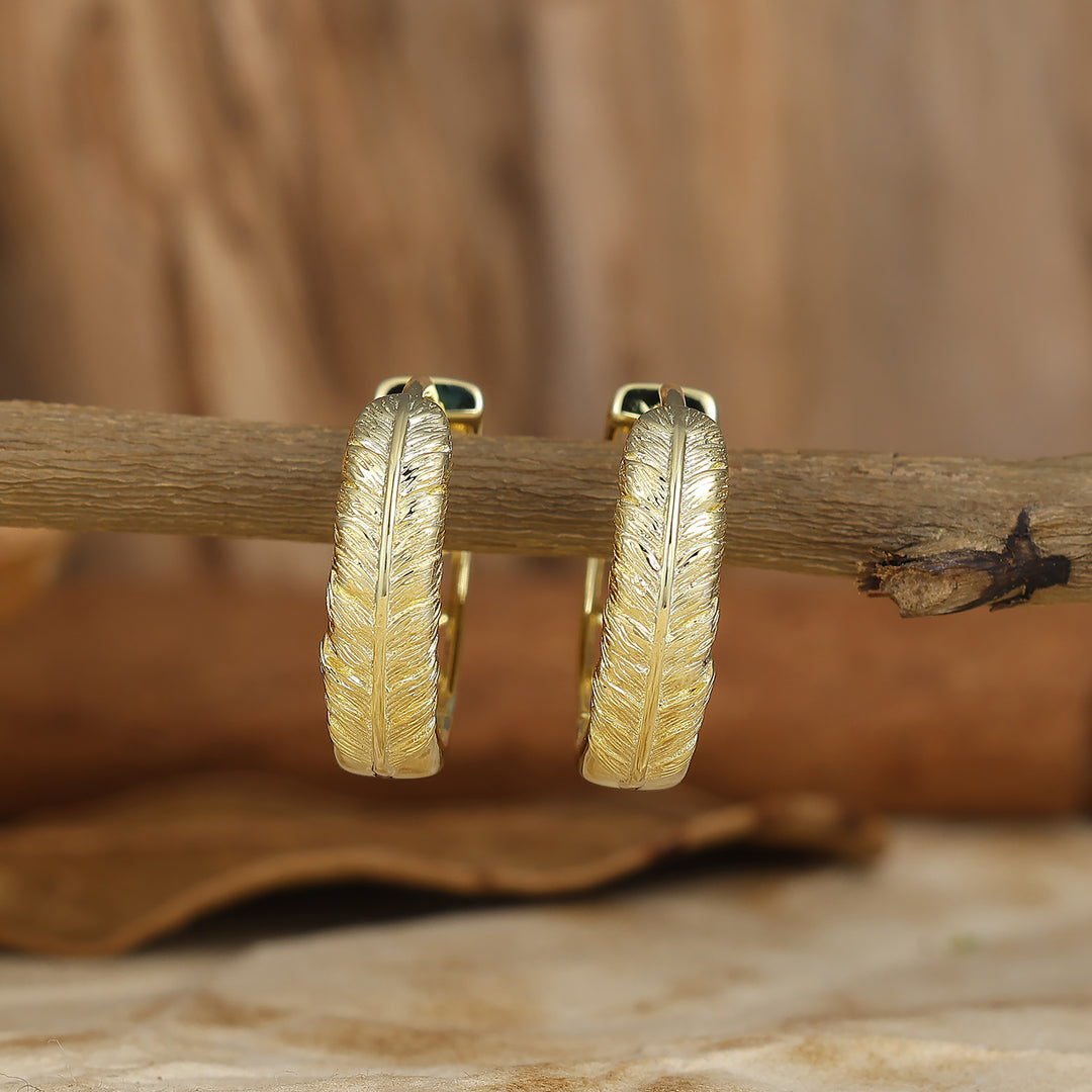 Rustic Feather Inspired Silver & K Gold Hoop Earrings Boho Minimalist Wedding Earrings For Her