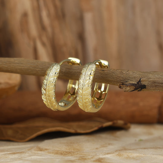 Rustic Feather Inspired Silver & K Gold Hoop Earrings Boho Minimalist Wedding Earrings For Her