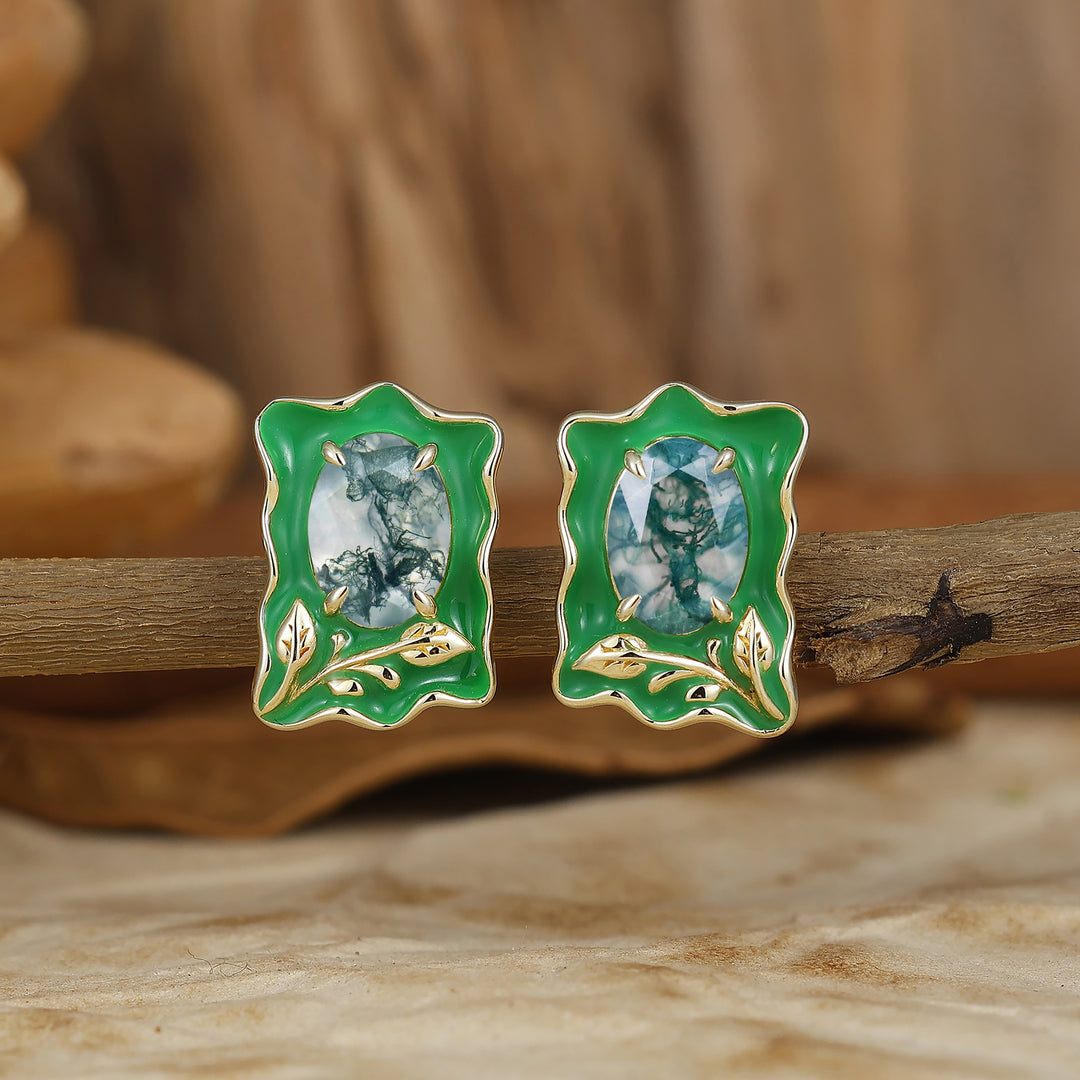 Unique Irregular Enamel Earrings Oval Cut Moss Agate Stud Earrings For Women -  Esdomera.com