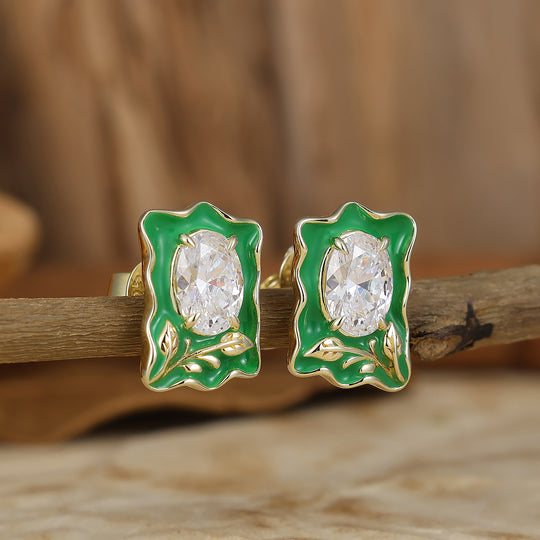 Art Deco Green Enamel Oval Moissanite Stud Earrings Sterling Silver Women Earrings -  Esdomera.com