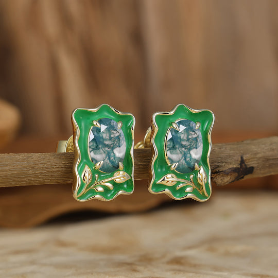 Unique Irregular Enamel Earrings Oval Cut Moss Agate Stud Earrings For Women -  Esdomera.com