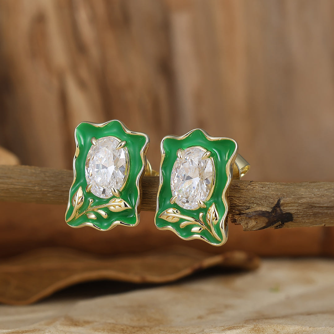 Art Deco Green Enamel Oval Moissanite Stud Earrings Sterling Silver Women Earrings -  Esdomera.com