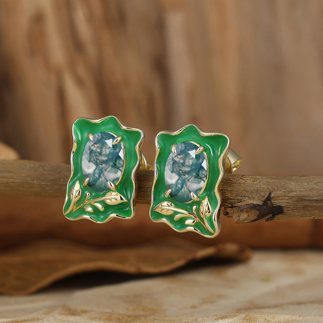 Unique Irregular Enamel Earrings Oval Cut Moss Agate Stud Earrings For Women -  Esdomera.com