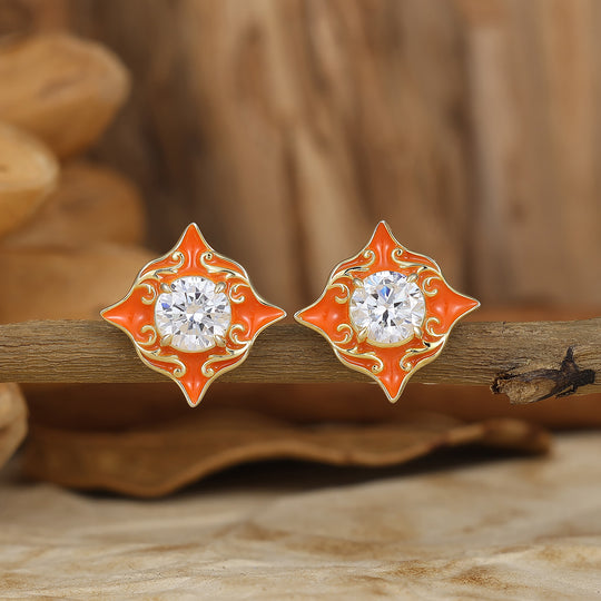 Enamel Coated Round Moissanite Stud Earrings Vintage Scrolled Women Earrings -  Esdomera.com