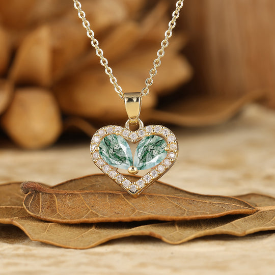 Elegantissimo ciondolo a forma di cuore in agata muschiata con collana regalo per lei Collana da donna in oro massiccio