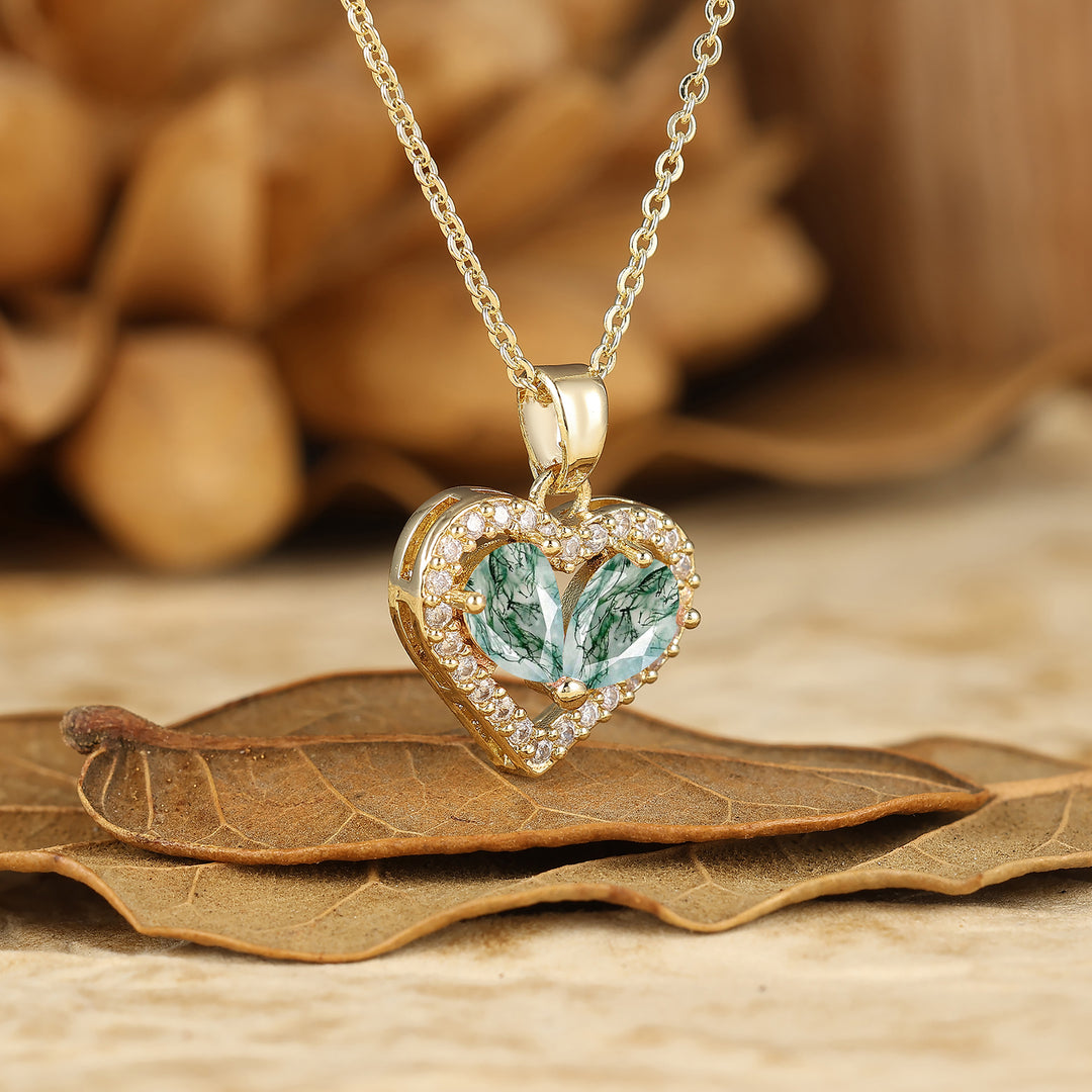 Elegantissimo ciondolo a forma di cuore in agata muschiata con collana regalo per lei Collana da donna in oro massiccio
