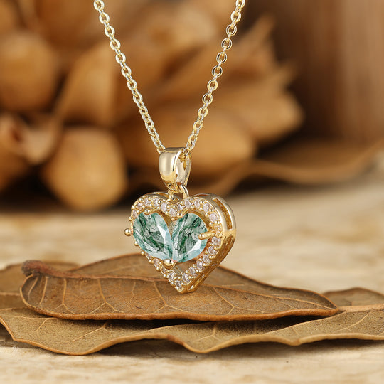 Elegantissimo ciondolo a forma di cuore in agata muschiata con collana regalo per lei Collana da donna in oro massiccio