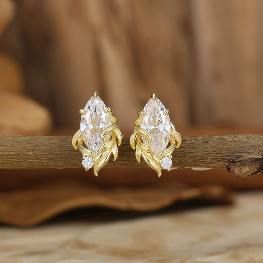 Aretes tipo stud de moissanita marquesa inspirados en enredaderas de la naturaleza, racimo de hojas y ramitas, piedra natal de abril, para mujer