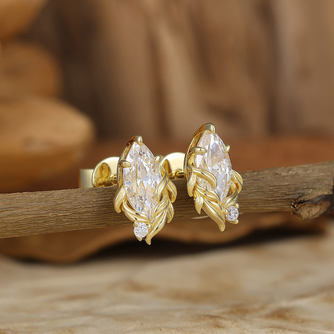 Aretes tipo stud de moissanita marquesa inspirados en enredaderas de la naturaleza, racimo de hojas y ramitas, piedra natal de abril, para mujer