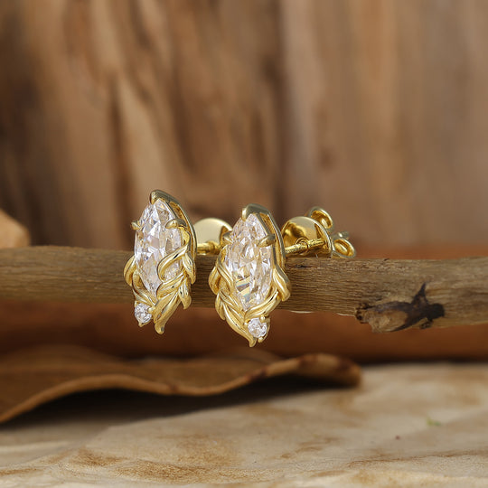 Aretes tipo stud de moissanita marquesa inspirados en enredaderas de la naturaleza, racimo de hojas y ramitas, piedra natal de abril, para mujer