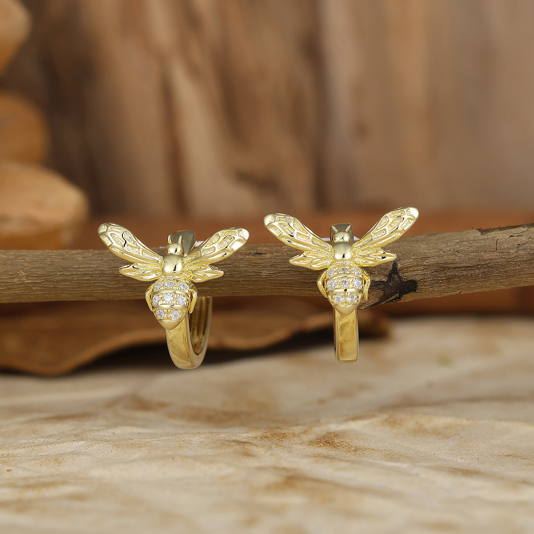 3D Bumblebee Pave Moissanite Hoop Earrings Art Nouveau & Natural Bride Statement Earrings