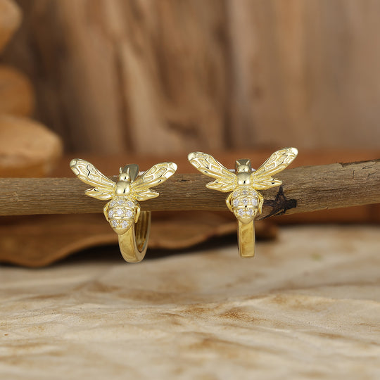 3D Bumblebee Pave Moissanite Hoop Earrings Art Nouveau & Natural Bride Statement Earrings