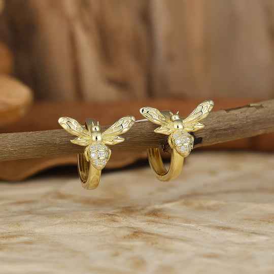 3D Bumblebee Pave Moissanite Hoop Earrings Art Nouveau & Natural Bride Statement Earrings