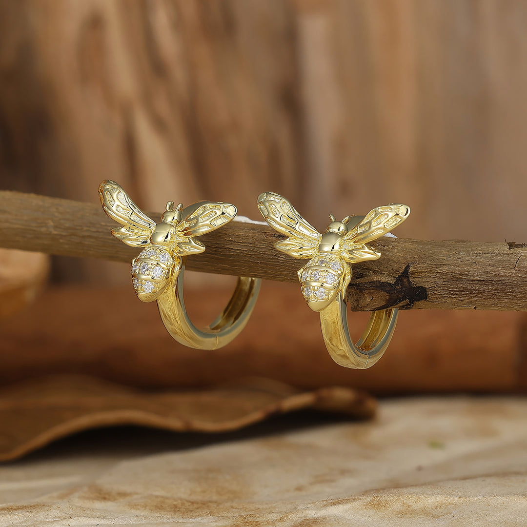 3D Bumblebee Pave Moissanite Hoop Earrings Art Nouveau & Natural Bride Statement Earrings
