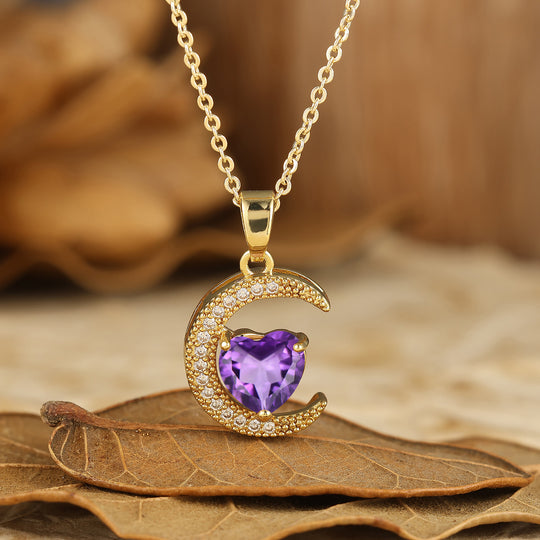 Colgante de amatista en forma de corazón Collar de luna creciente Colgante de compromiso