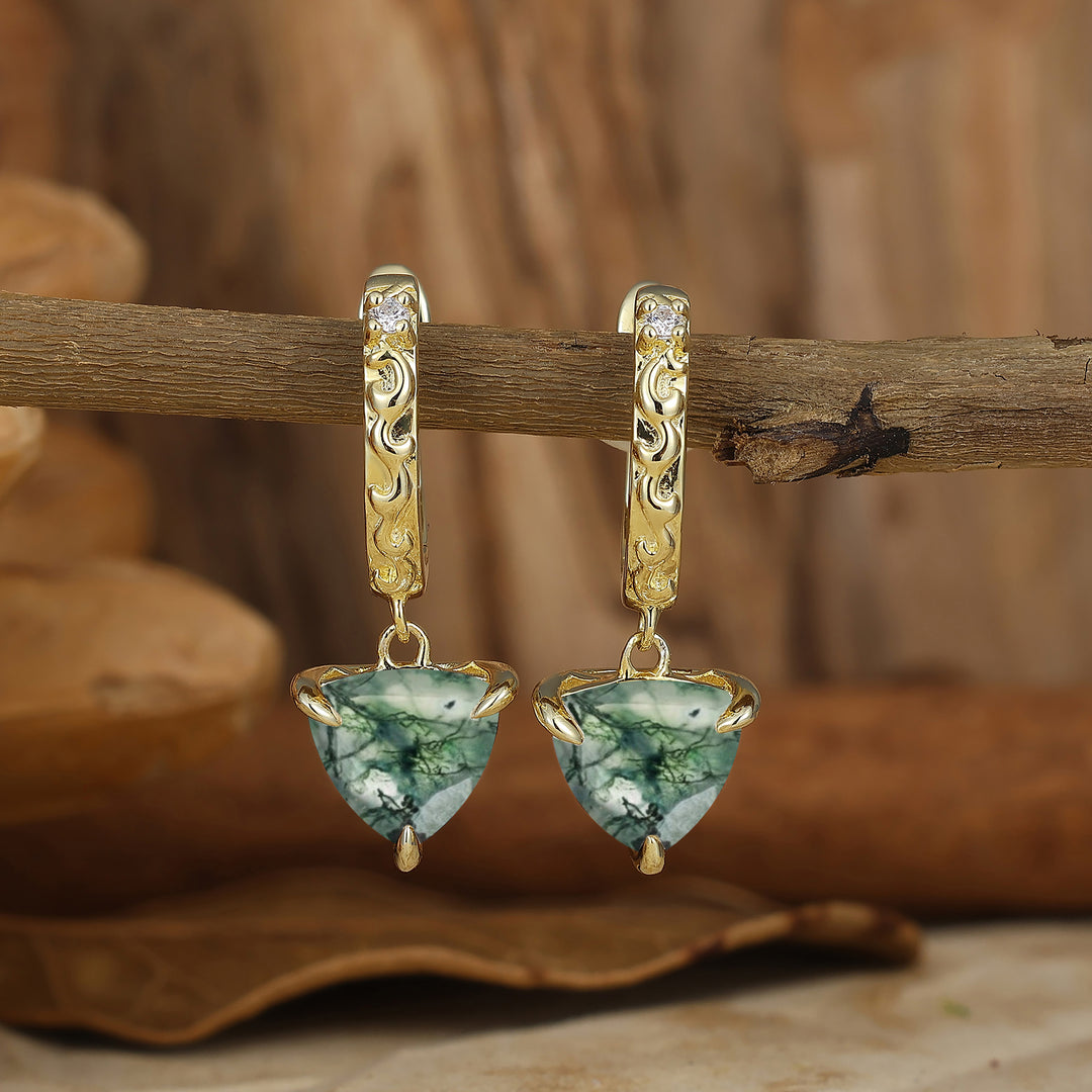 Trendy Fat Triangle Natural Moss Agate Dangle Earrings Engraved Floral Drop Earrings -  Esdomera.com