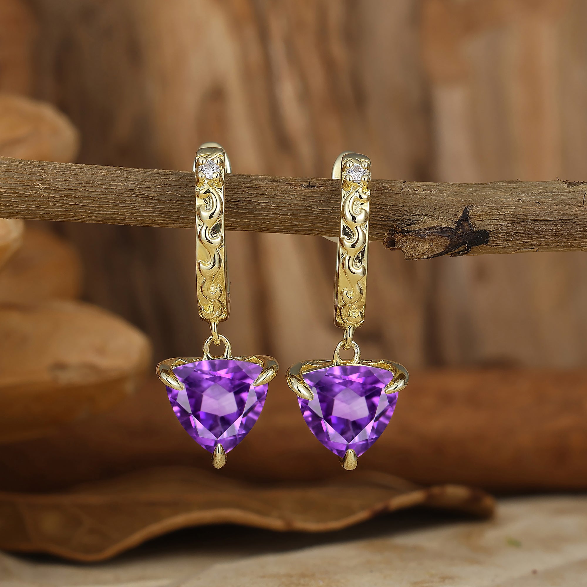 Vintage Fat Triangle Amethyst Drop Earrings February Birthstone Engraved Earrings -  Esdomera.com
