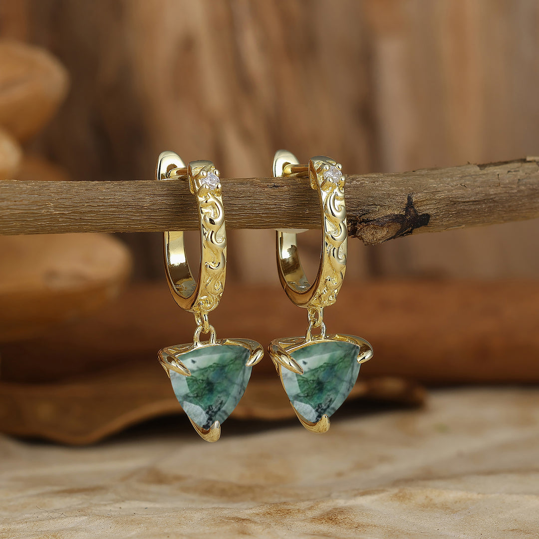 Trendy Fat Triangle Natural Moss Agate Dangle Earrings Engraved Floral Drop Earrings -  Esdomera.com