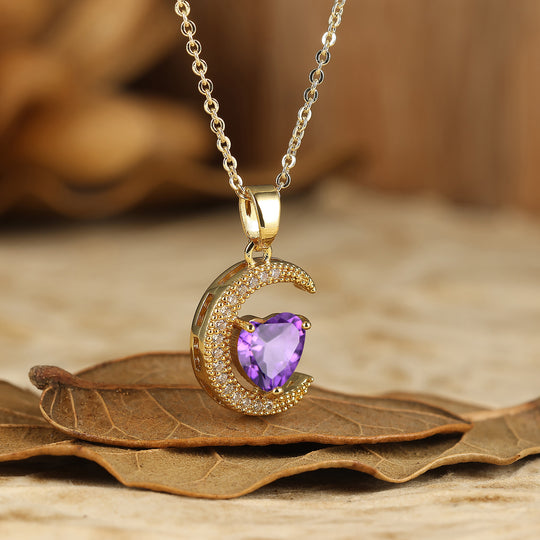 Colgante de amatista en forma de corazón Collar de luna creciente Colgante de compromiso