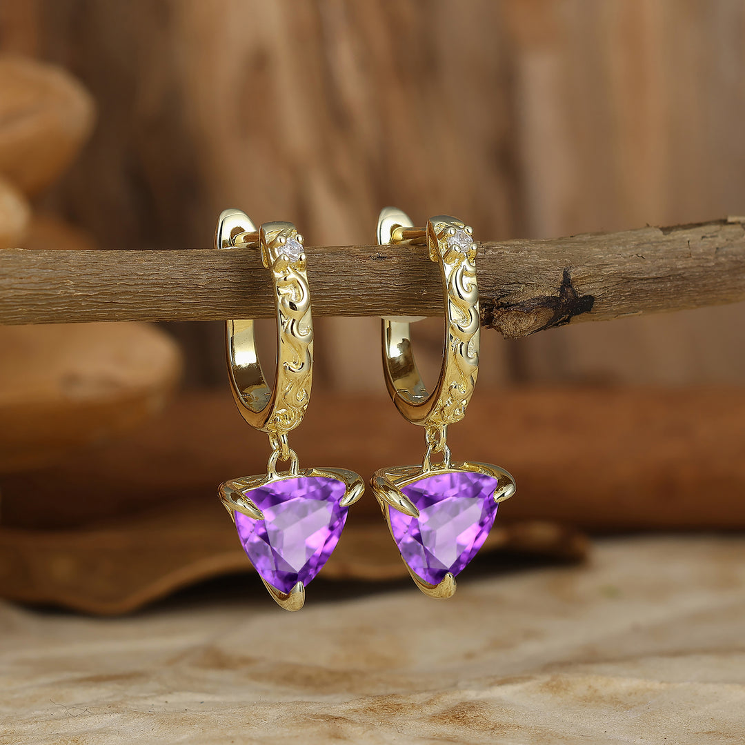 Vintage Fat Triangle Amethyst Drop Earrings February Birthstone Engraved Earrings -  Esdomera.com