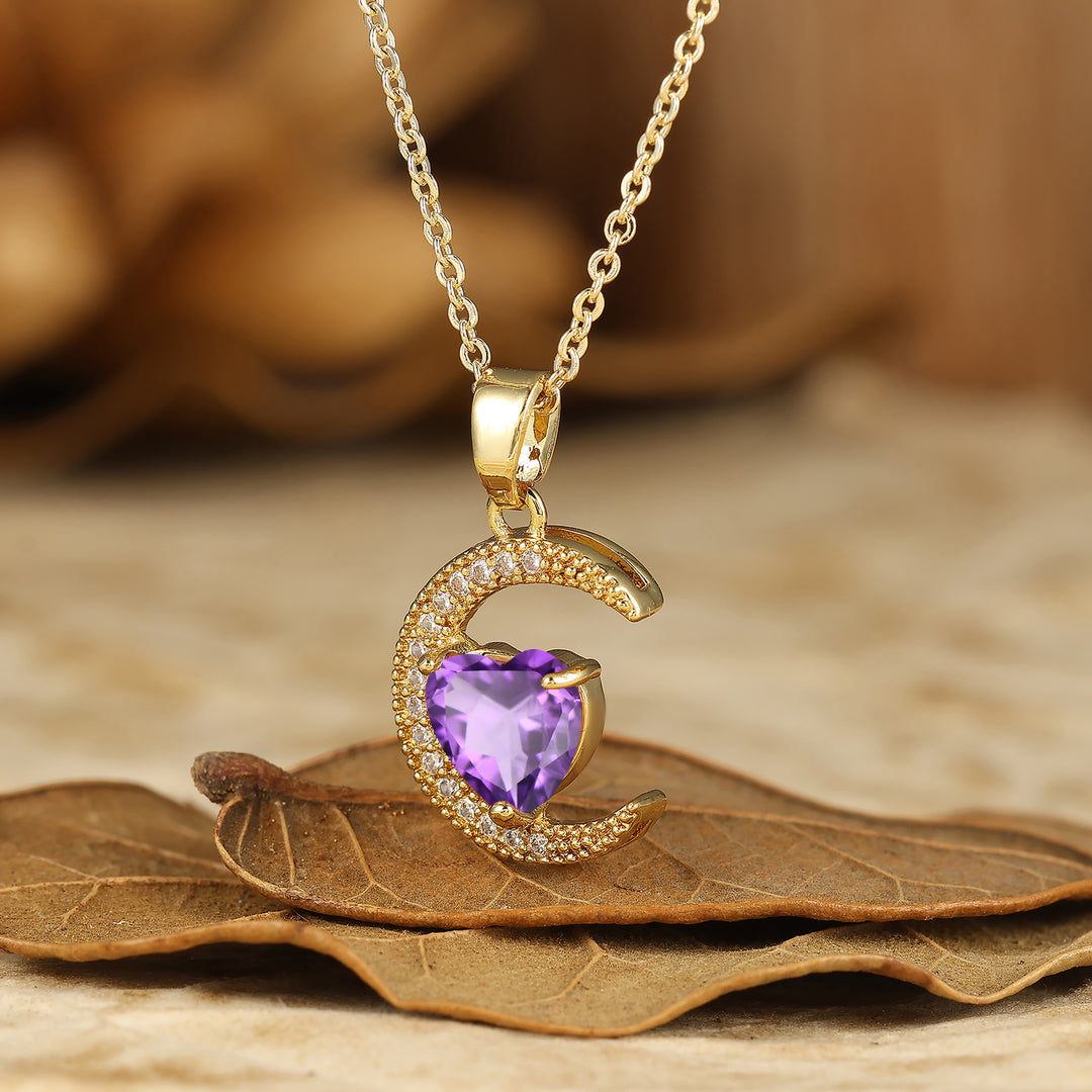 Colgante de amatista en forma de corazón Collar de luna creciente Colgante de compromiso