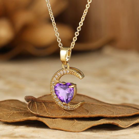 Colgante de amatista en forma de corazón Collar de luna creciente Colgante de compromiso