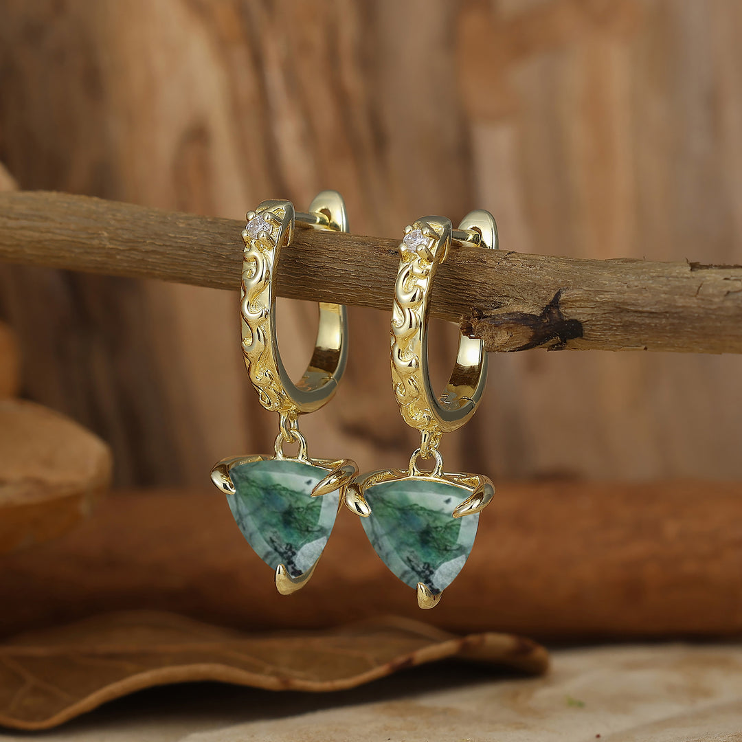 Trendy Fat Triangle Natural Moss Agate Dangle Earrings Engraved Floral Drop Earrings -  Esdomera.com