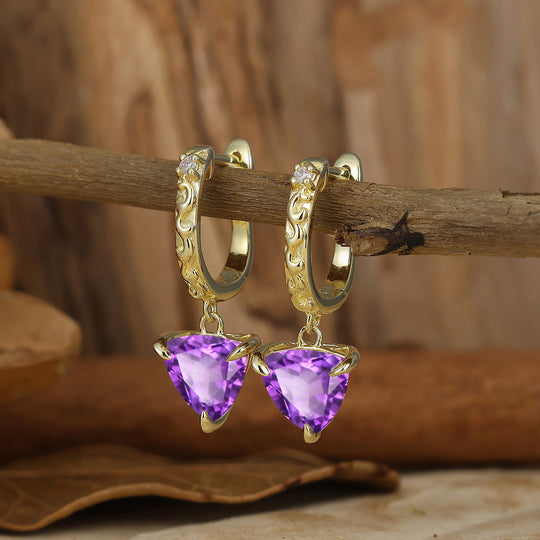 Vintage Fat Triangle Amethyst Drop Earrings February Birthstone Engraved Earrings -  Esdomera.com