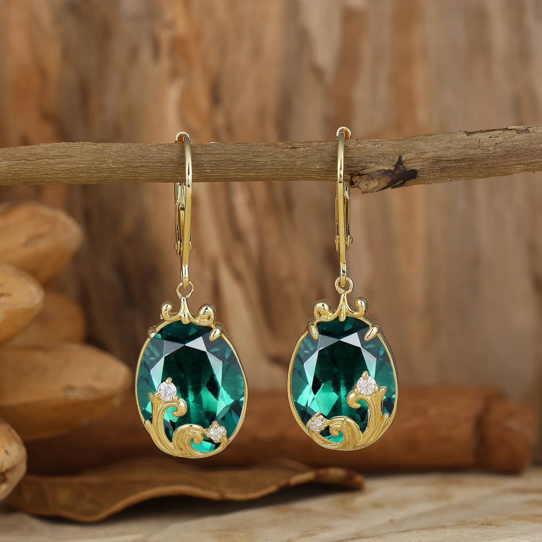 Scroll Wavy Egg-Pear Cut Emerald Dangle Earrings Lever Back Gala Artsy Women Earrings