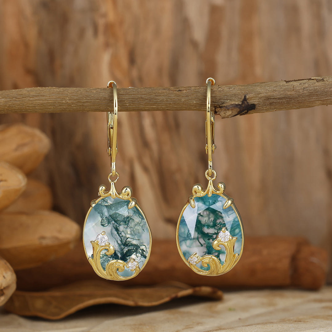 Acanthus Egg-Teardrop Moss Agate Lever Back Dangle Earrings Natural Bridal Earrings For Her
