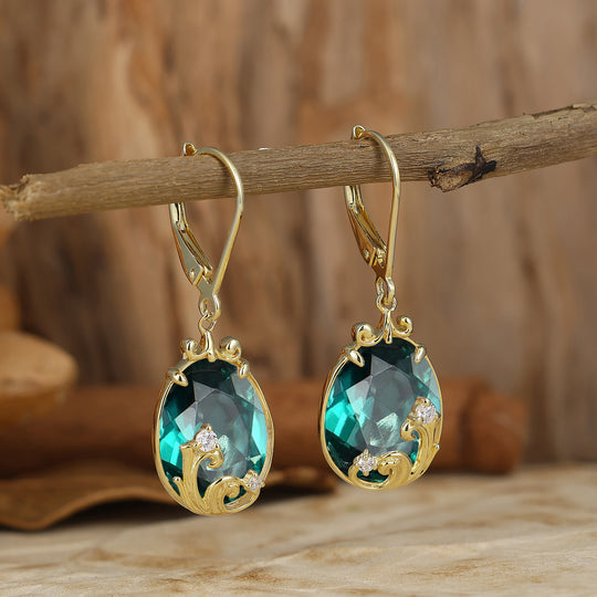 Scroll Wavy Egg-Pear Cut Emerald Dangle Earrings Lever Back Gala Artsy Women Earrings