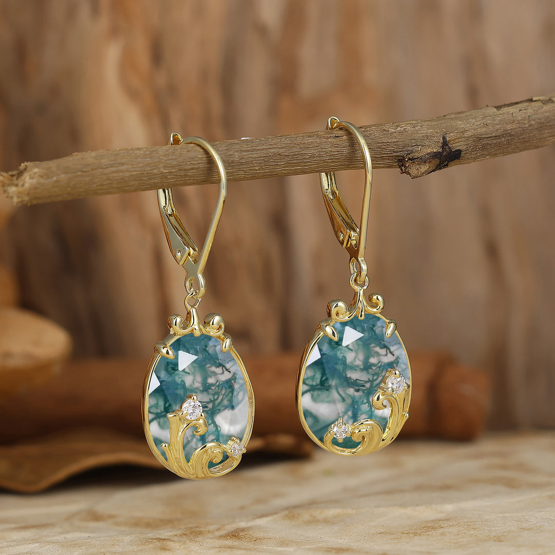 Acanthus Egg-Teardrop Moss Agate Lever Back Dangle Earrings Natural Bridal Earrings For Her