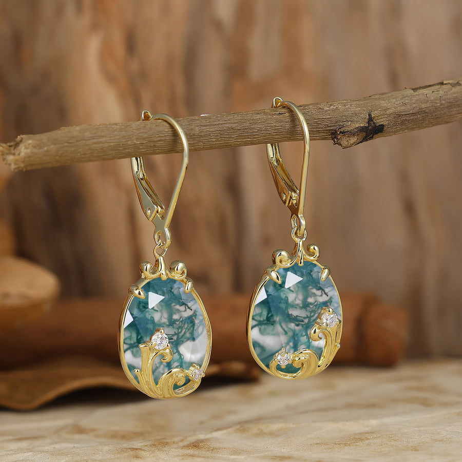 Acanthus Egg-Teardrop Moss Agate Lever Back Dangle Earrings Natural Bridal Earrings For Her