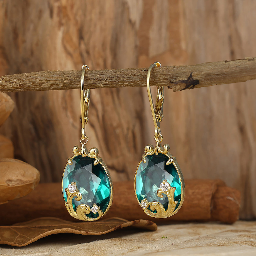 Scroll Wavy Egg-Pear Cut Emerald Dangle Earrings Lever Back Gala Artsy Women Earrings