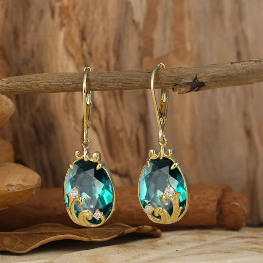 Scroll Wavy Egg-Pear Cut Emerald Dangle Earrings Lever Back Gala Artsy Women Earrings