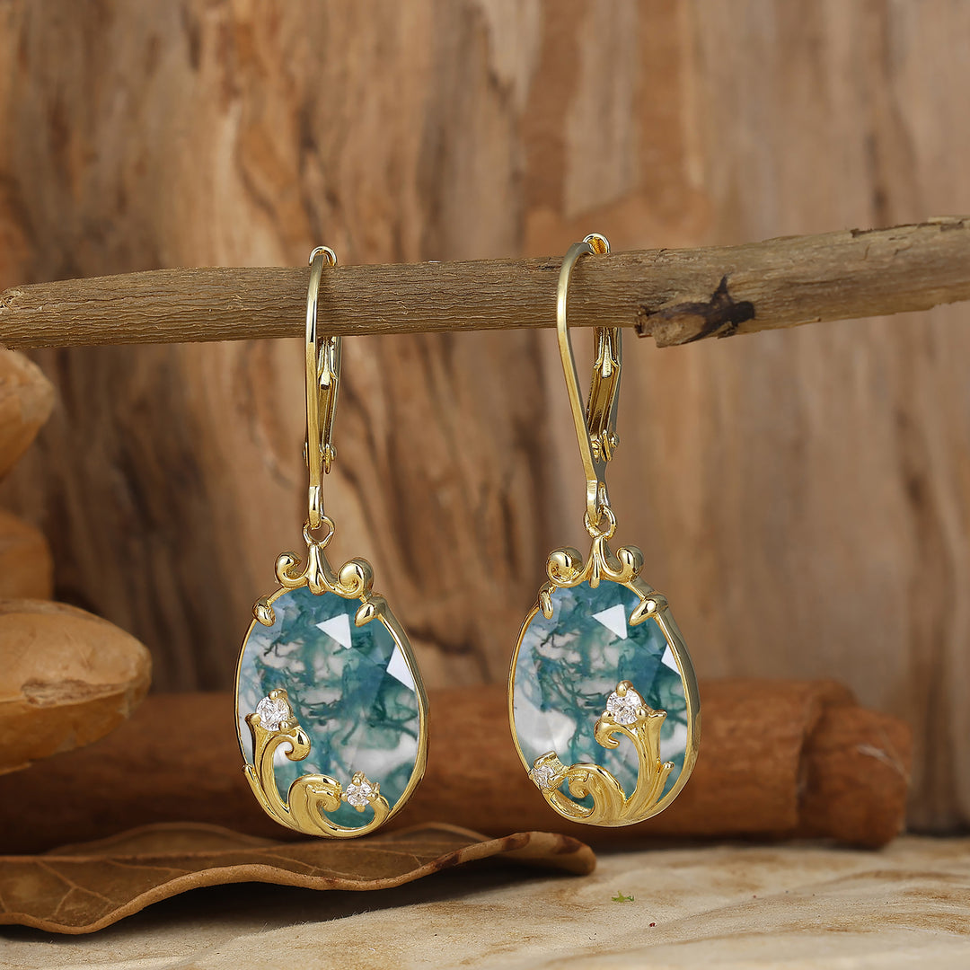Acanthus Egg-Teardrop Moss Agate Lever Back Dangle Earrings Natural Bridal Earrings For Her