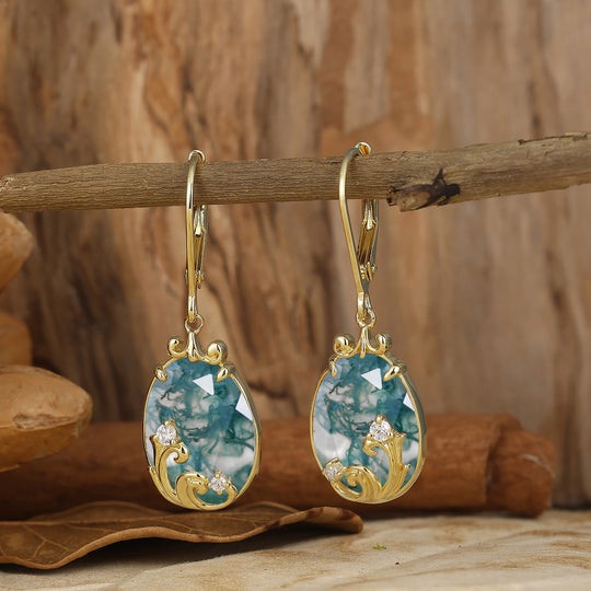 Acanthus Egg-Teardrop Moss Agate Lever Back Dangle Earrings Natural Bridal Earrings For Her