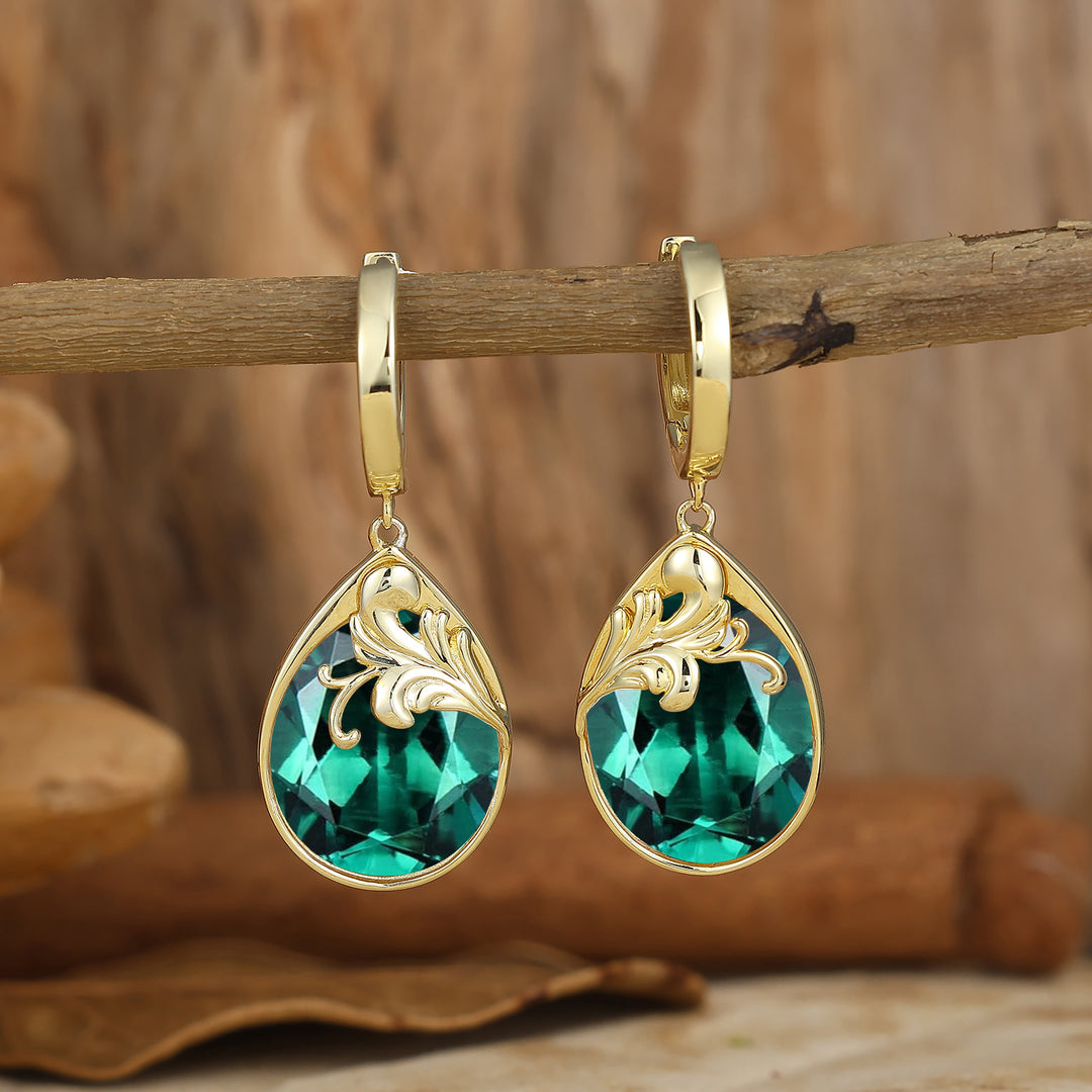 Scrollwork Egg-Teardrop Emerald Hoop Dangle Earrings Baroque May Birthstone Earrings For Women