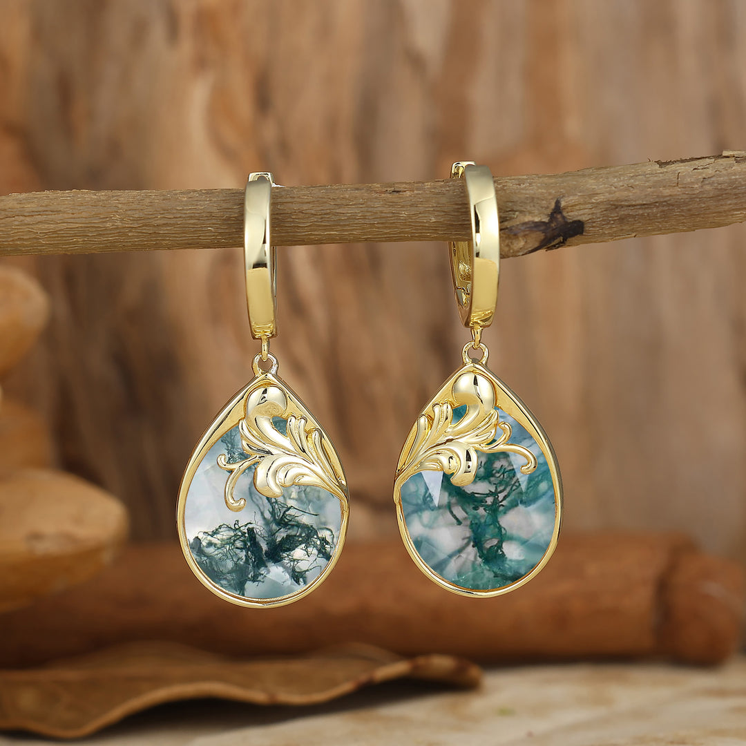 Egg-Pear Cut Moss Agate Acanthus Huggie Drop Earrings Royal Fairy Marriage Earrings For Her