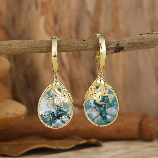 Egg-Pear Cut Moss Agate Acanthus Huggie Drop Earrings Royal Fairy Marriage Earrings For Her
