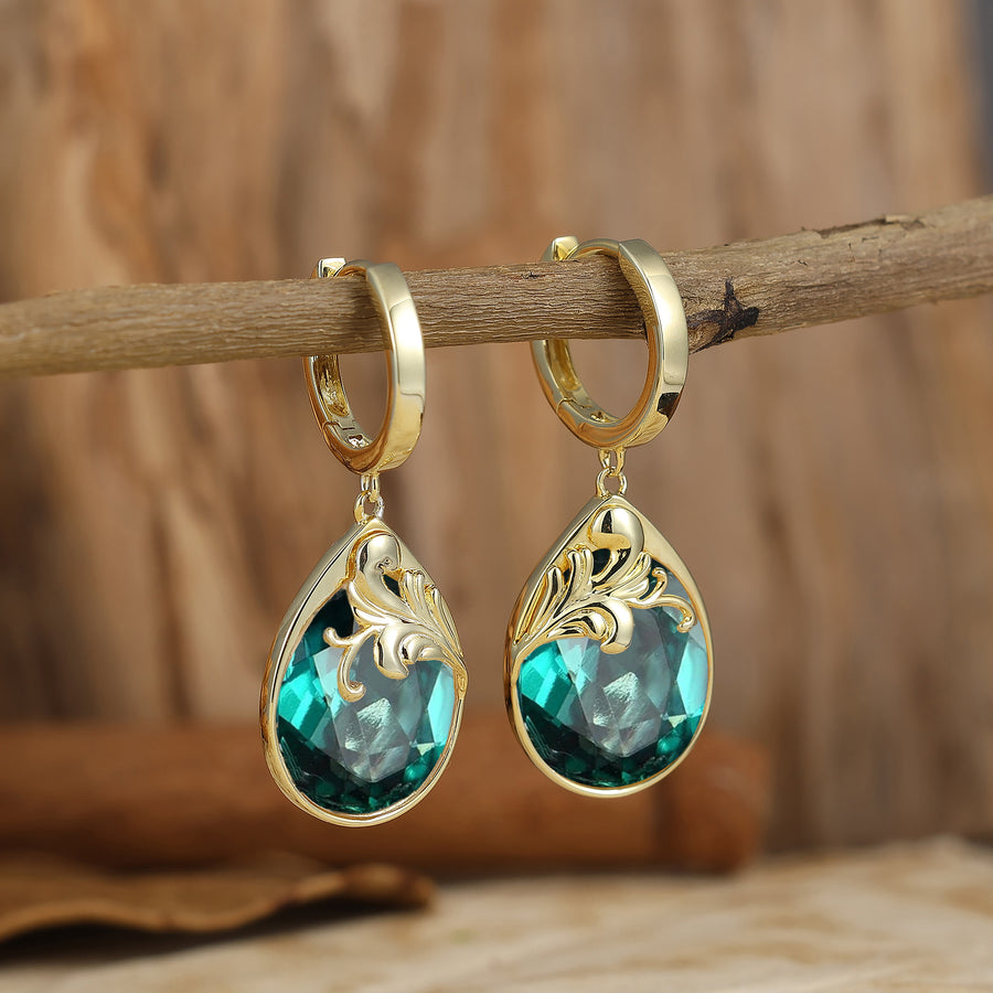 Scrollwork Egg-Teardrop Emerald Hoop Dangle Earrings Baroque May Birthstone Earrings For Women