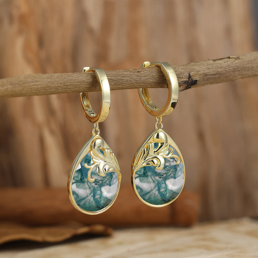 Egg-Pear Cut Moss Agate Acanthus Huggie Drop Earrings Royal Fairy Marriage Earrings For Her