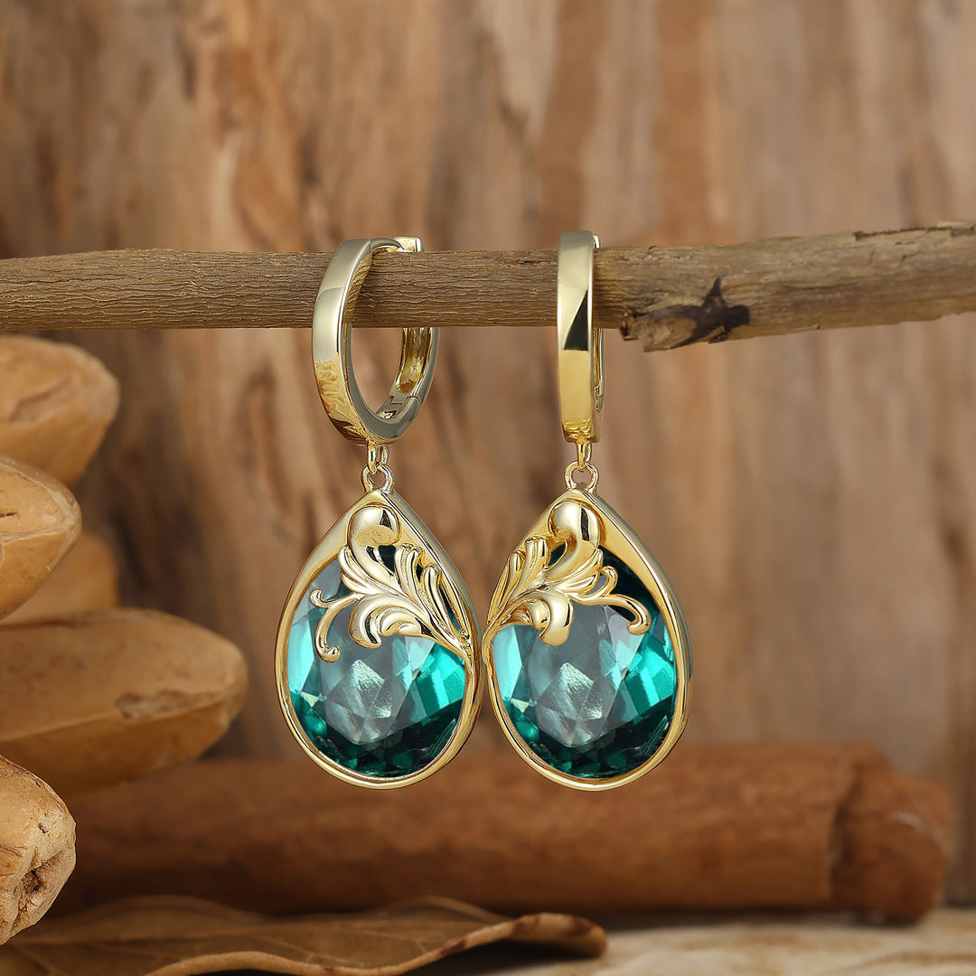 Scrollwork Egg-Teardrop Emerald Hoop Dangle Earrings Baroque May Birthstone Earrings For Women