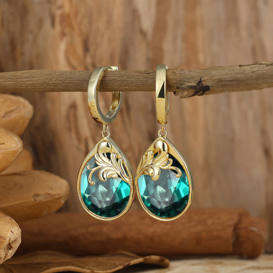Scrollwork Egg-Teardrop Emerald Hoop Dangle Earrings Baroque May Birthstone Earrings For Women