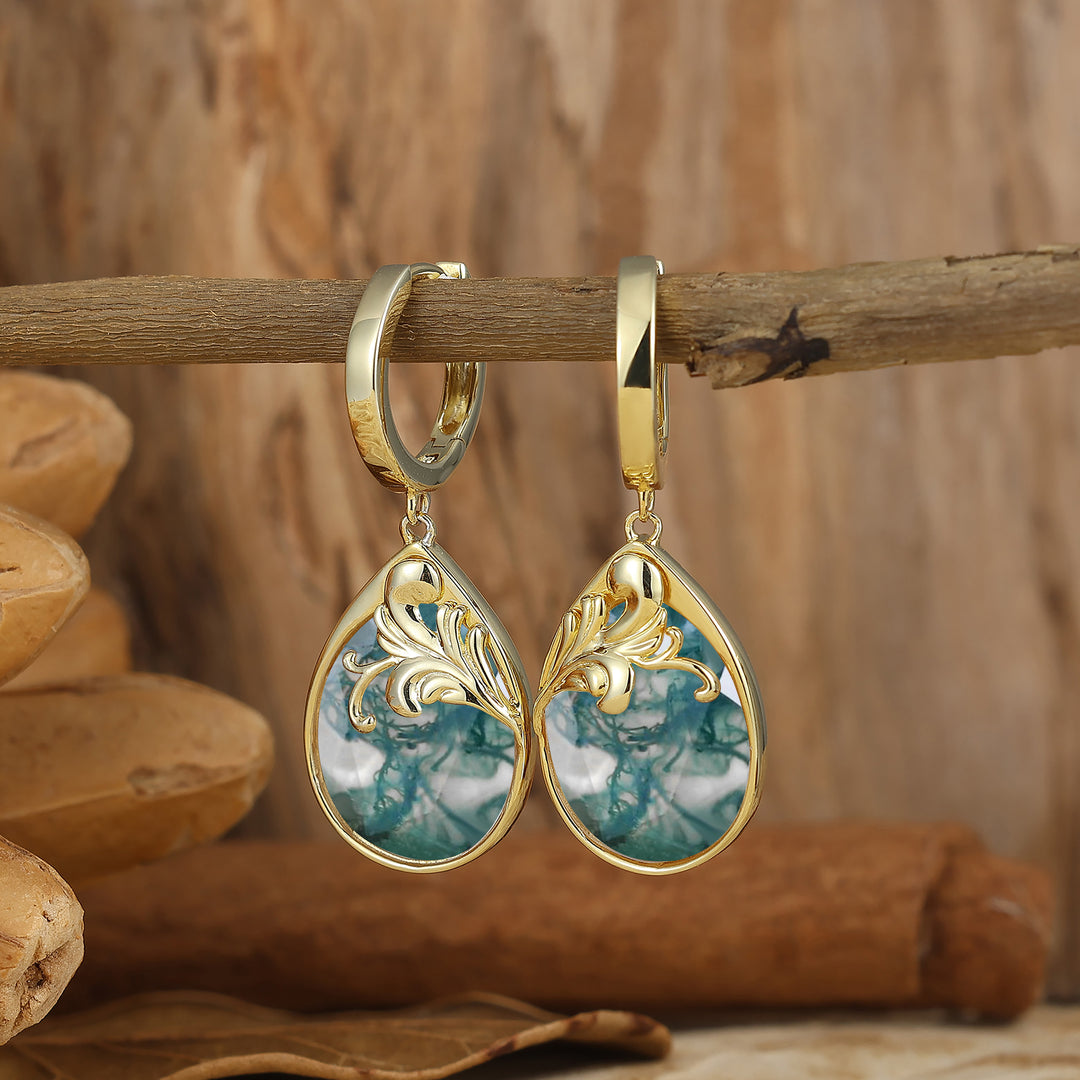 Egg-Pear Cut Moss Agate Acanthus Huggie Drop Earrings Royal Fairy Marriage Earrings For Her