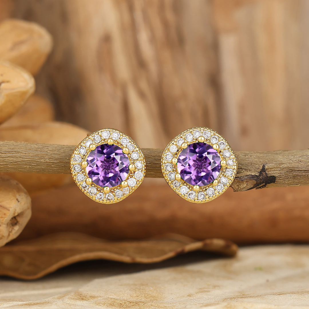 Halo Style Round Natural Amethyst Stud Earrings Classic Amethyst Studs Bridal Jewelry -  Esdomera.com